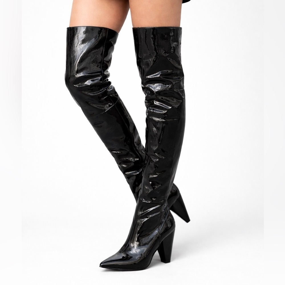 Forever 21 Black Patent Over-the-Knee Boots – Block Heel 7.5